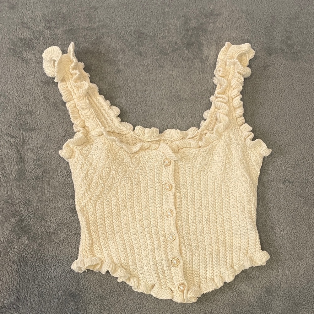 SHEIN Cream Ruffled Button-Up knit Crop Top